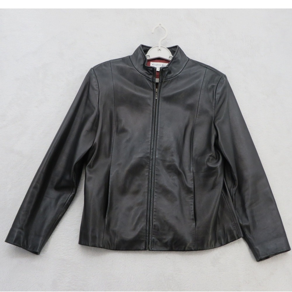 Katherine Kelly Genuine Lambskin Leather Jacket Womens M Black Zip Fitted Moto